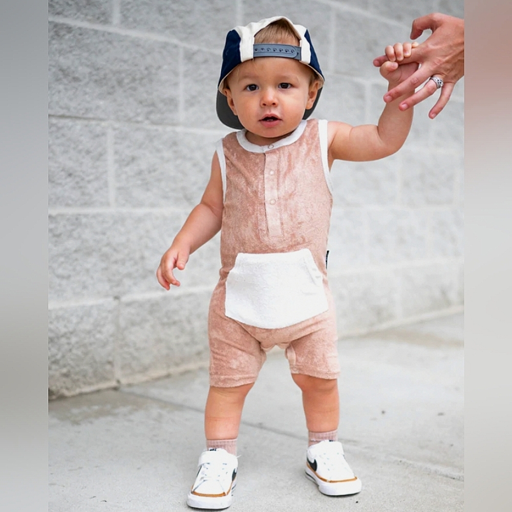 Little Bipsy Terry Cloth Shorty Romper in Cinnamon, Slate Blue, Monochrome